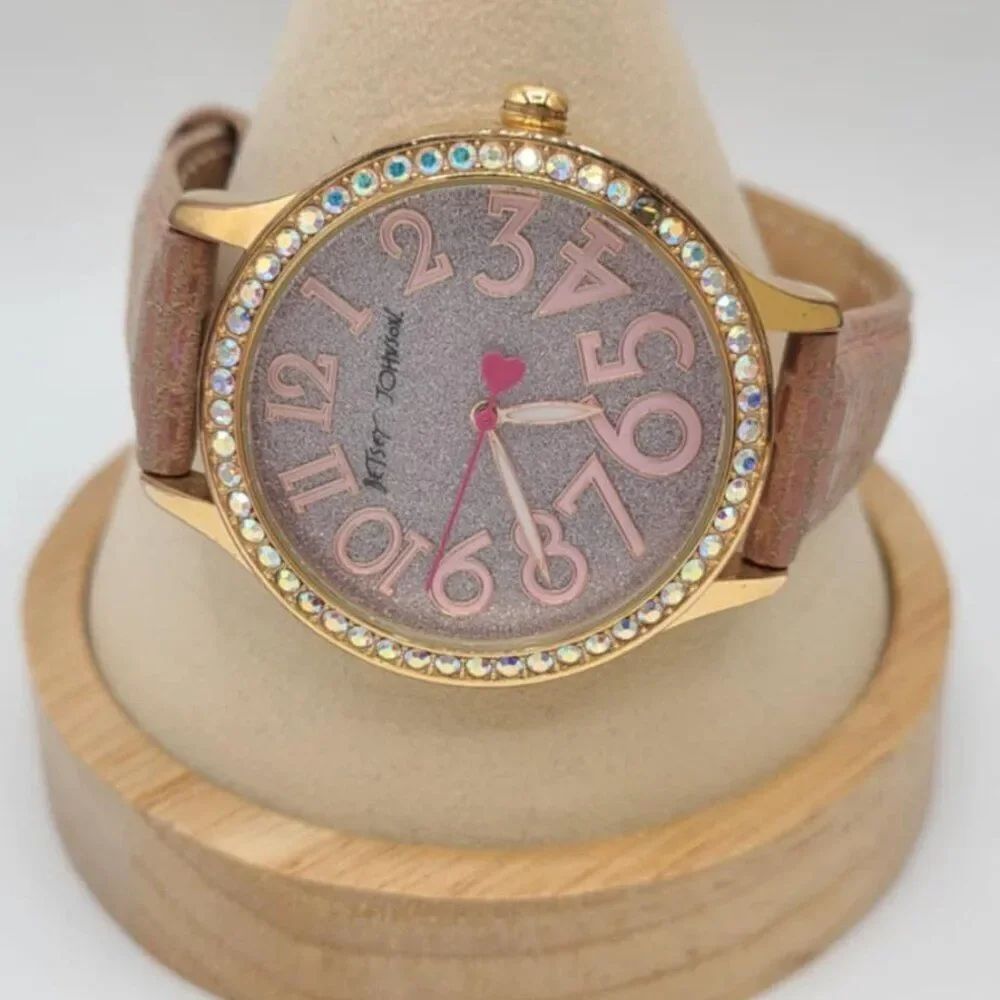 Betsey Johnson Rose Gold Tone Glitter Watch with Leather Strap RUNNING